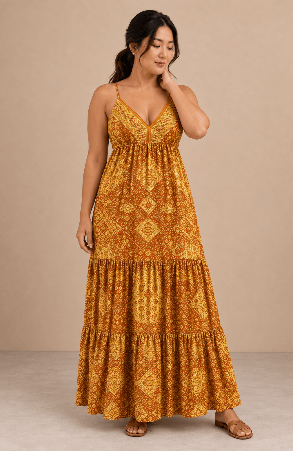 Vestido Cashia Taormina mostaza en modelo talla L, vista de cuerpo entero