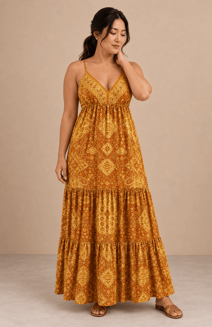 Vestido Cashia Taormina mostaza en modelo talla L, vista de cuerpo entero