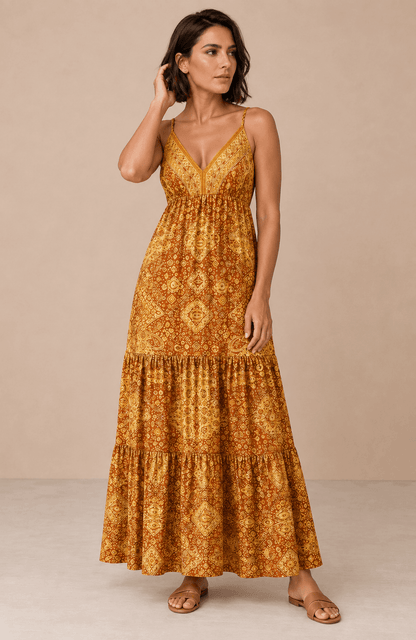 Vestido Cashia Taormina mostaza en modelo talla M, vista de cuerpo entero