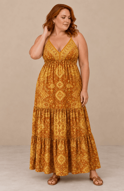 Vestido Cashia Taormina mostaza en modelo talla XL, vista de cuerpo entero