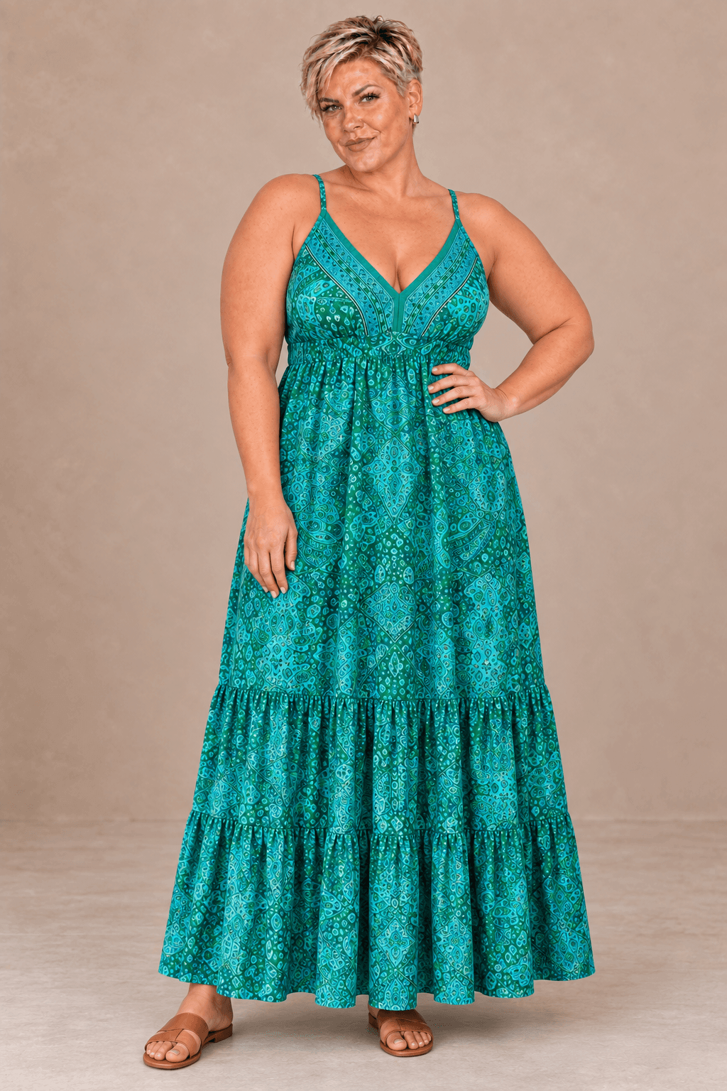 Vestido Cashia Taormina turquesa en modelo talla 2XL, vista de cuerpo entero