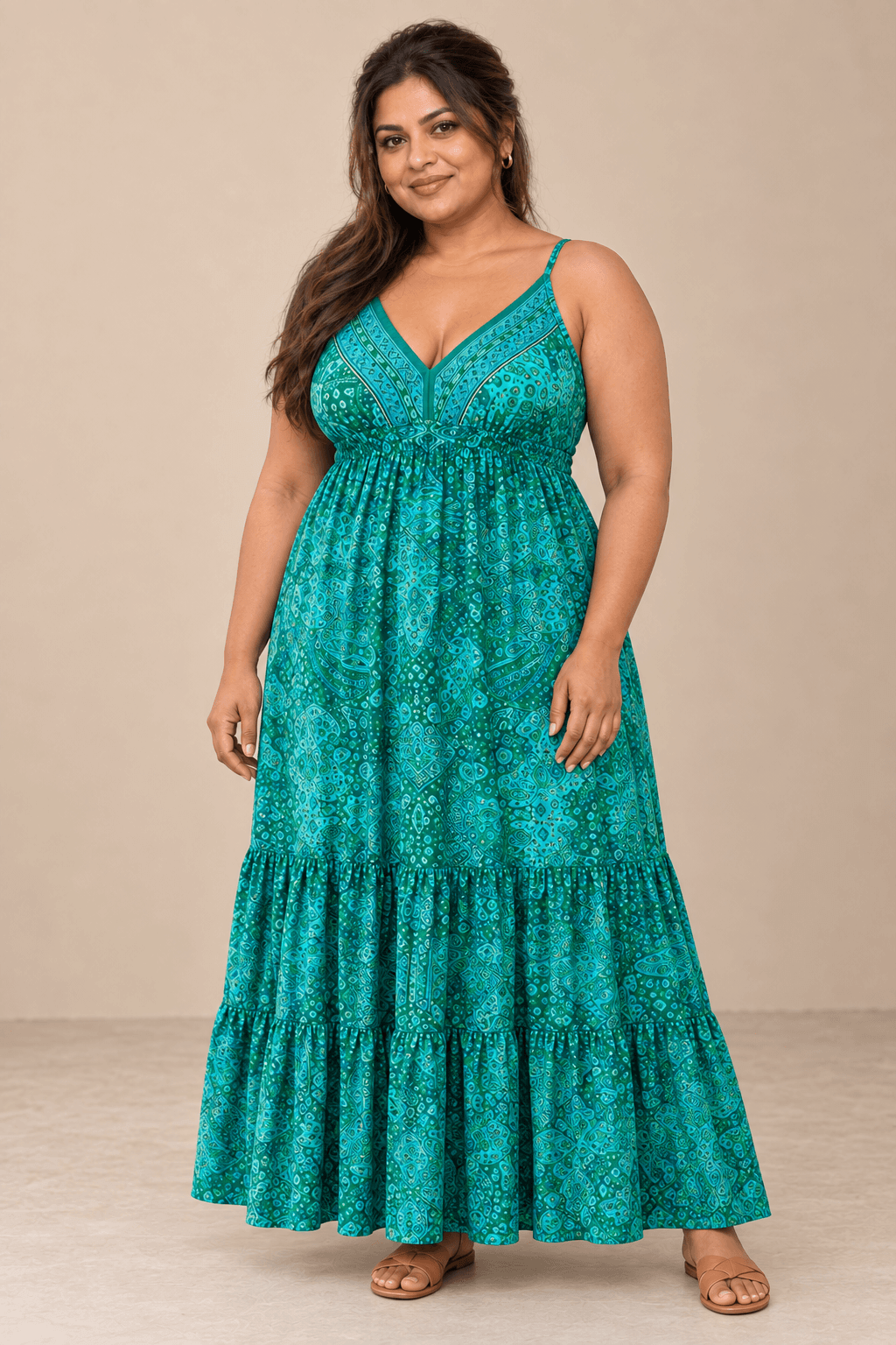Vestido Cashia Taormina turquesa en modelo talla 3XL, vista de cuerpo entero