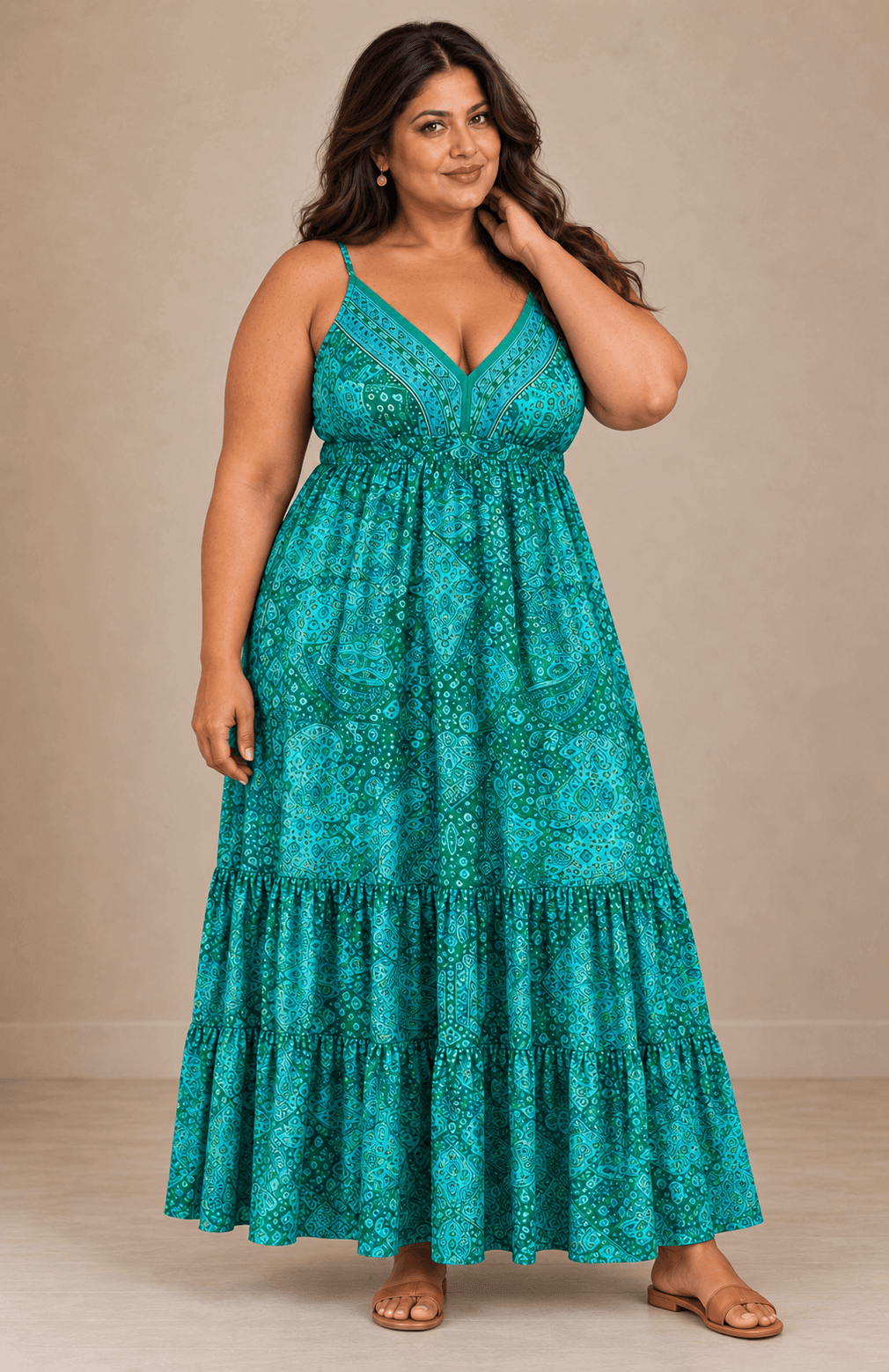 Vestido Cashia Taormina turquesa en modelo talla 4XL, vista de cuerpo entero
