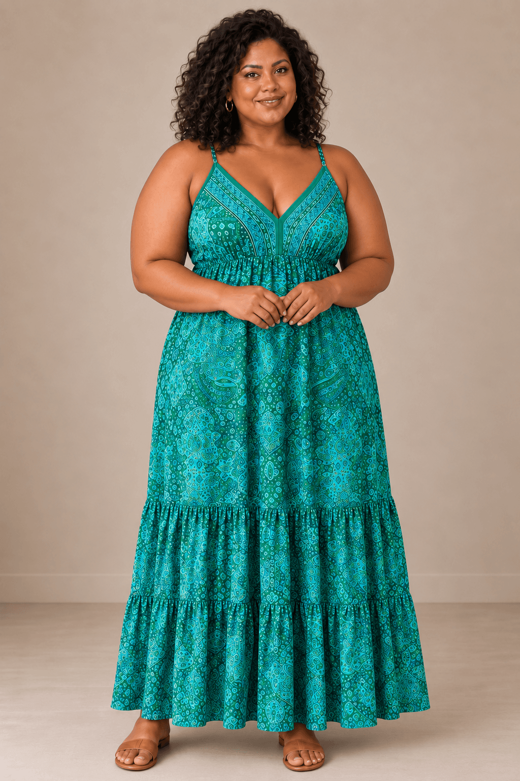 Vestido Cashia Taormina turquesa en modelo talla 5XL, vista de cuerpo entero