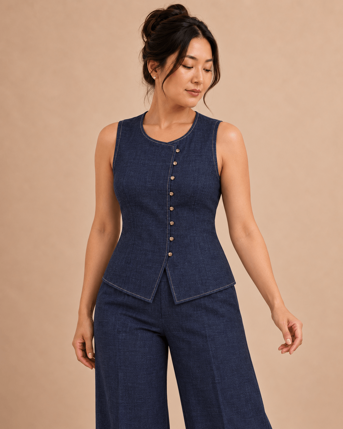 Chaleco Cashia azul marino con ocho botones en modelo talla L con el pelo recogido en alto, vista frontal en medio plano superior.