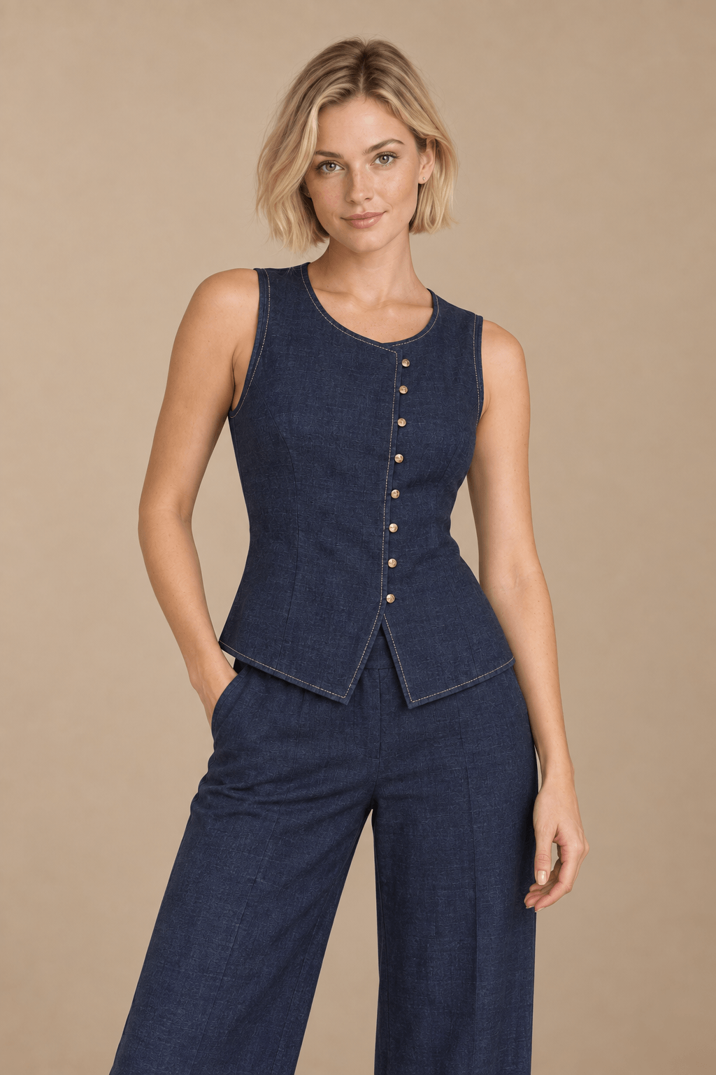Chaleco Cashia azul marino con ocho botones en modelo rubia talla XS, vista frontal en medio plano superior.