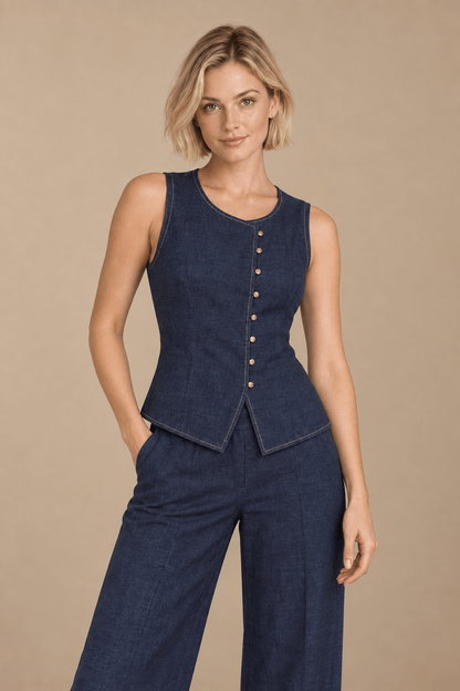 Chaleco Cashia azul marino con ocho botones en modelo rubia talla XS, vista frontal en medio plano superior.