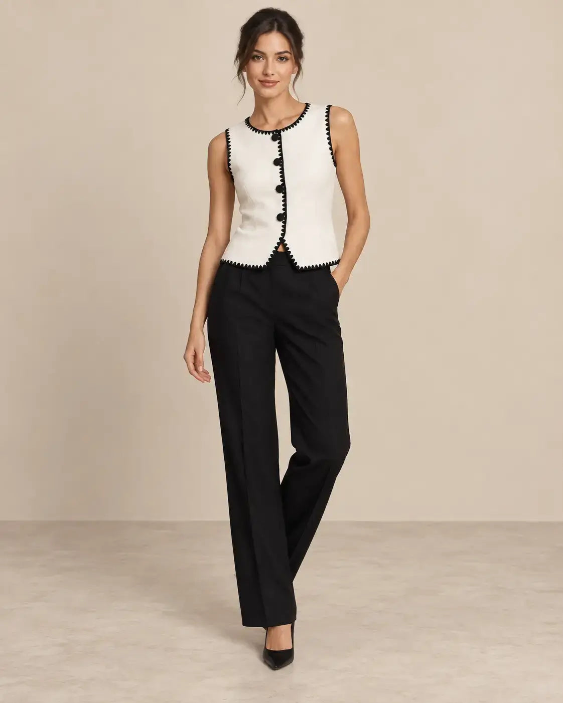 Chaleco Cashia Elegance blanco con ribete negro en talla S, sobre modelo Cashia morena con pelo semirecogido, pantalón de vestir negro y tacones negros, vista frontal de cuerpo entero.