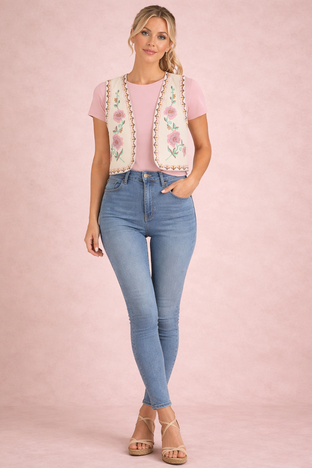 Chaleco Cashia Nice floral con bordados y escote en V, look completo con camiseta rosa y jeans