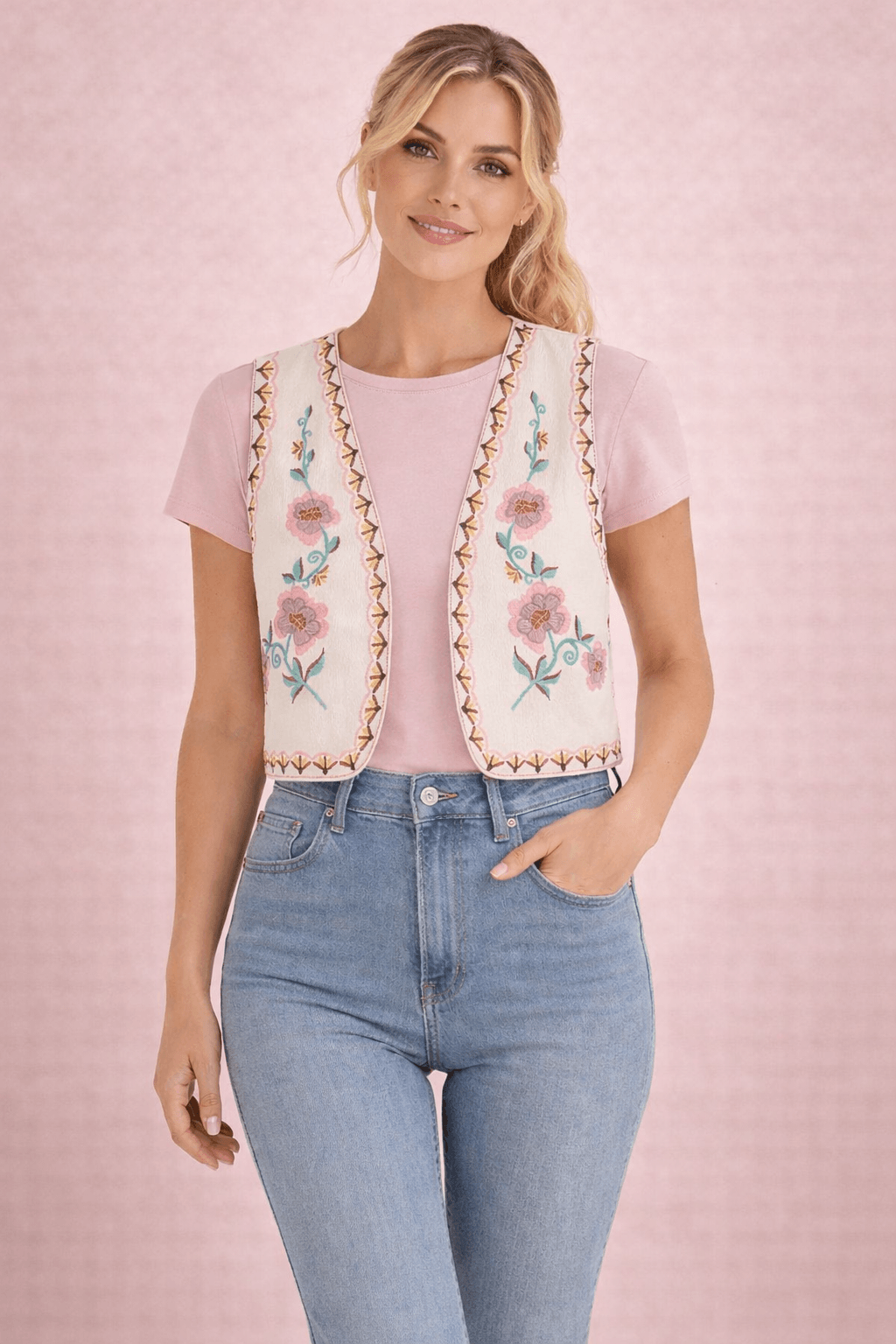 Modelo rubia con el chaleco floral crema abierto sobre camiseta rosa y jeans, vista frontal de medio plano