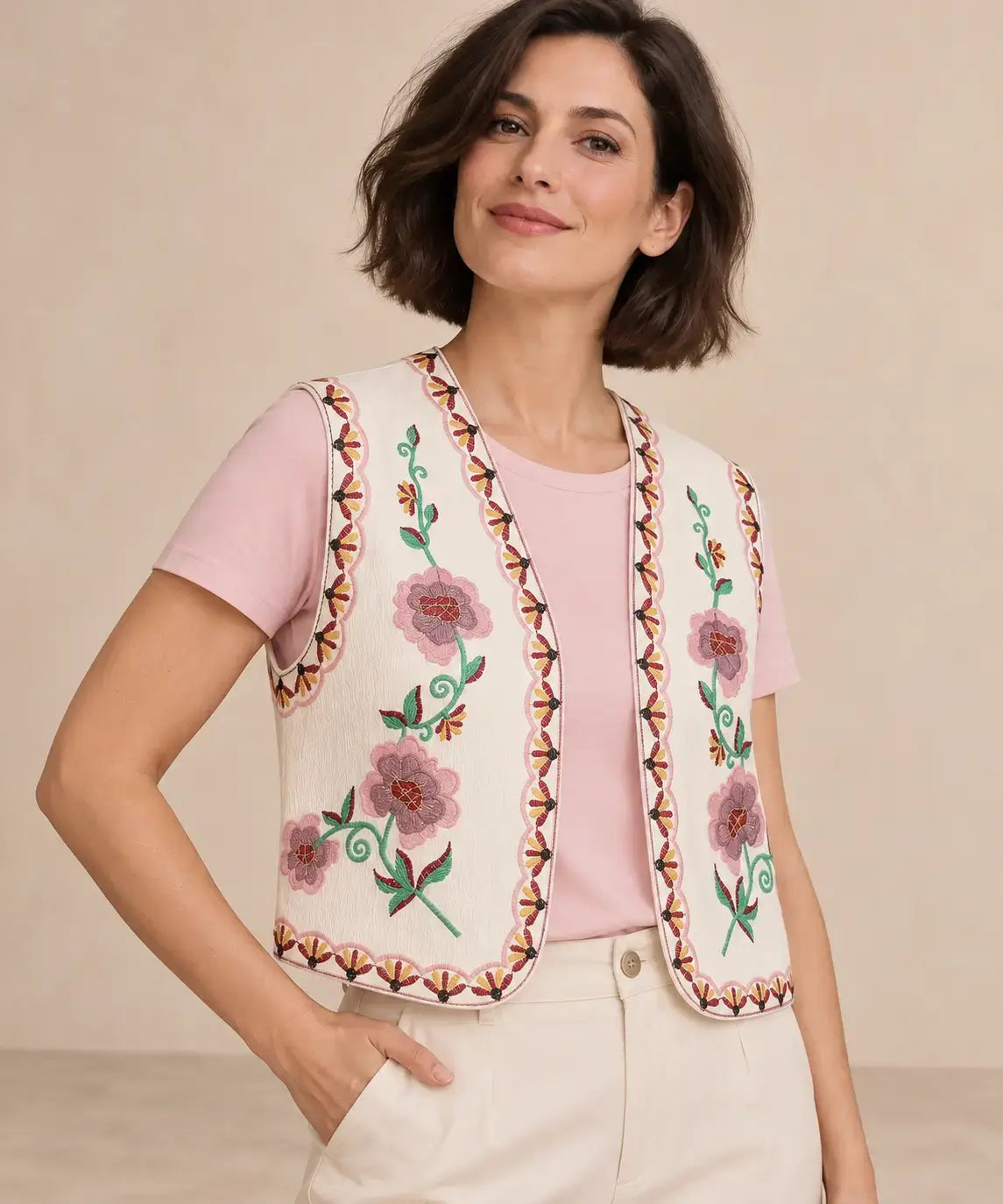 Chaleco Cashia Nice marfil bordado en modelo talla M con corte bob y camiseta rosa, medio plano superior