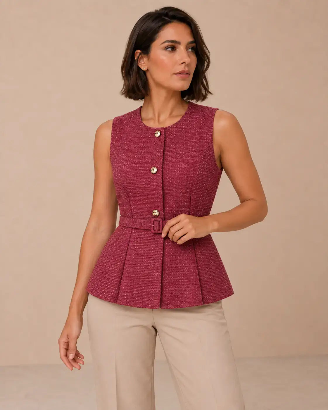 Modelo Cashia talla M con chaleco Toulouse fucsia de botones dorados y cinturón, en medio plano superior.