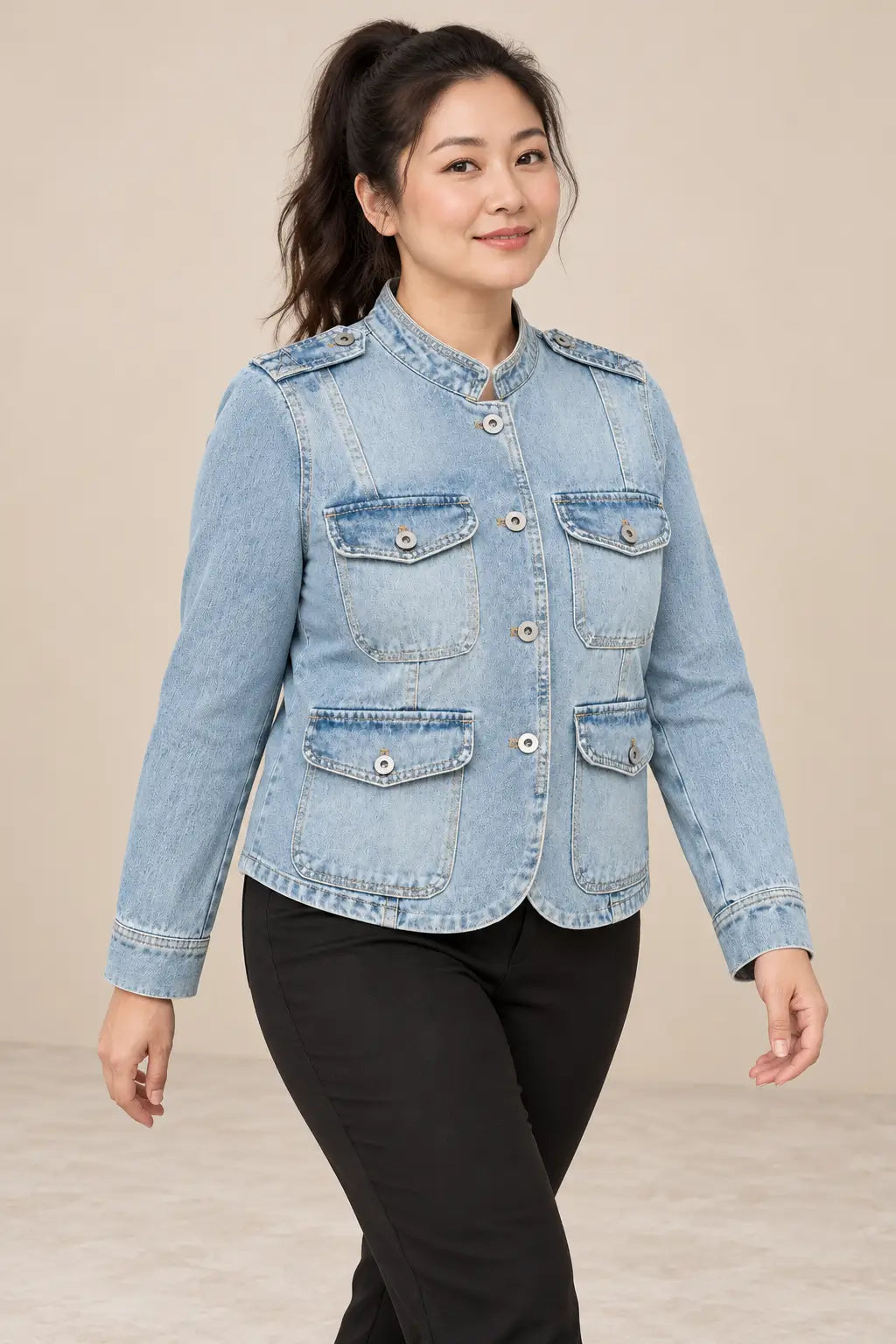 Chaqueta Cashia Denim Alisio azul claro, talla L, sobre modelo asiática con coleta alta en medio plano superior.