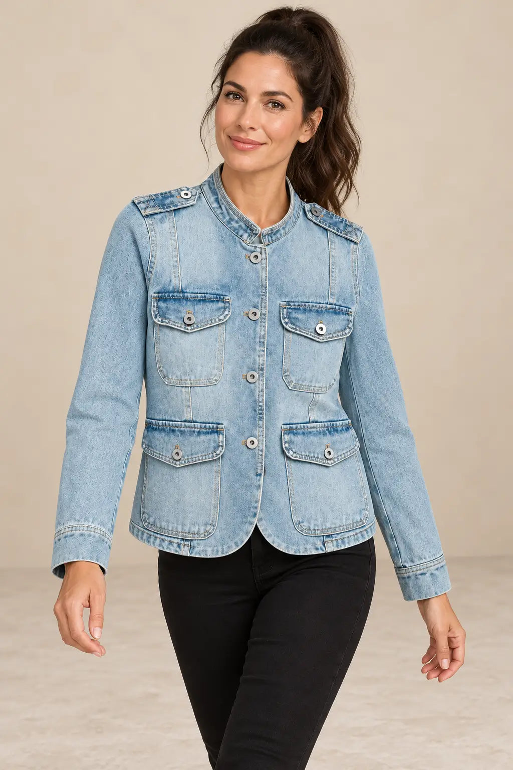 Chaqueta Cashia Denim Alisio azul claro, talla S, sobre modelo morena con coleta alta en medio plano superior.