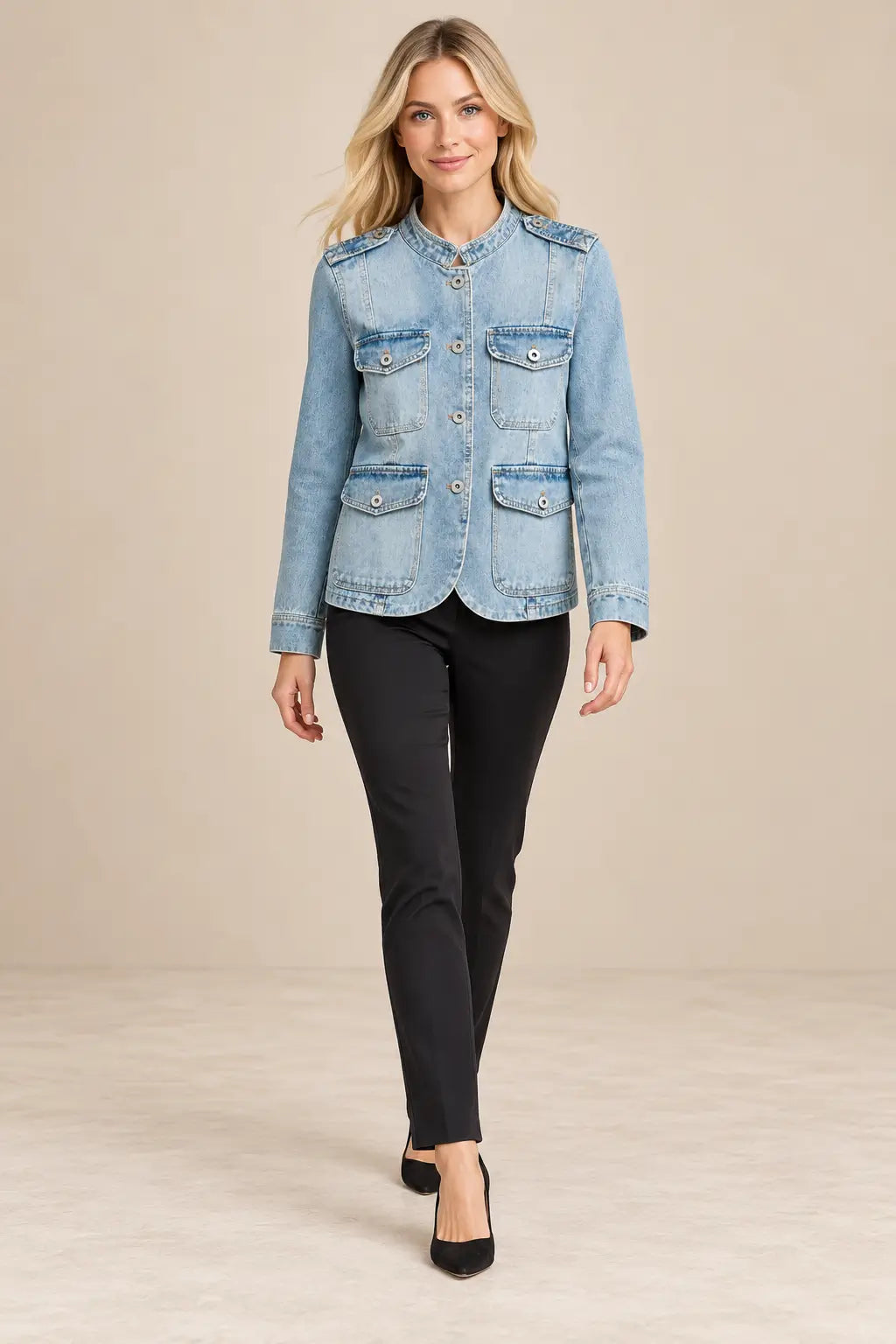 Chaqueta Cashia Denim Alisio azul claro, talla XS, vista frontal con pantalón negro ajustado.