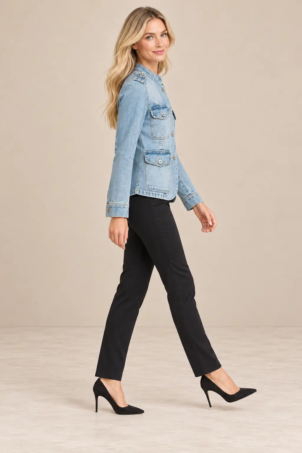 Chaqueta Cashia Denim Alisio azul claro, talla XS, vista de perfil sobre modelo rubia con pantalón negro ajustado.