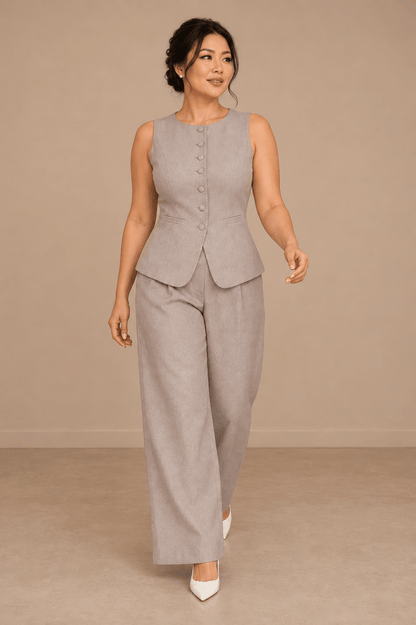 Conjunto Cashia Bellagio beige en modelo talla L de cuerpo entero