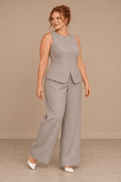 Conjunto Cashia Bellagio beige en modelo talla XL de cuerpo entero