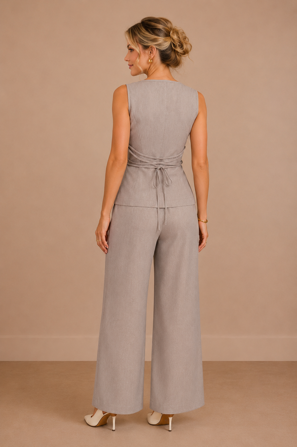 Parte trasera del Conjunto Cashia Bellagio gris con lazada ajustable y pantalón ancho elegante