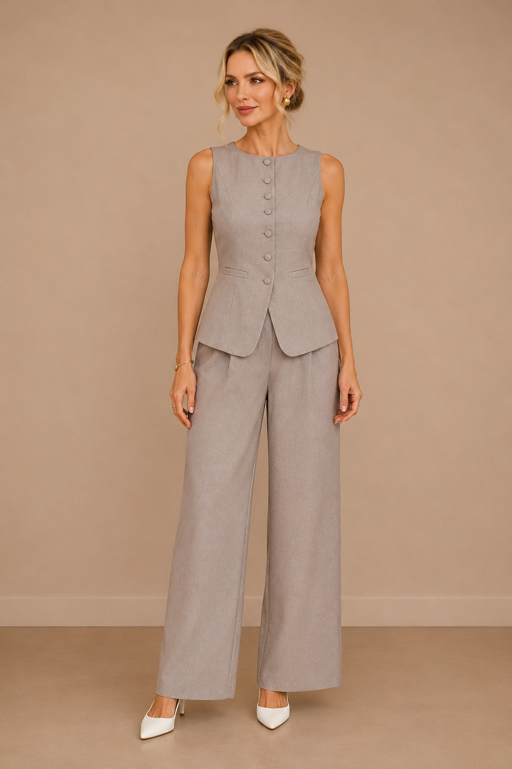 Conjunto Cashia Bellagio gris elegante con chaleco sin mangas y pantalón ancho, vista frontal sobre fondo nude editorial