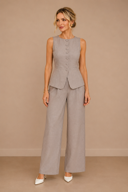 Conjunto Cashia Bellagio gris elegante con chaleco sin mangas y pantalón ancho, vista frontal sobre fondo nude editorial