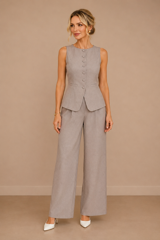 Conjunto Cashia Bellagio gris elegante con chaleco sin mangas y pantalón ancho, vista frontal sobre fondo nude editorial