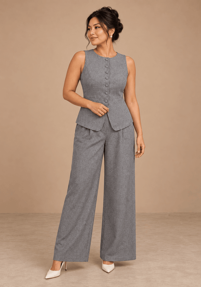 Conjunto Cashia Bellagio gris en modelo talla L de cuerpo entero