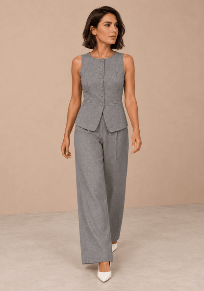 Conjunto Cashia Bellagio gris en modelo talla M de cuerpo entero