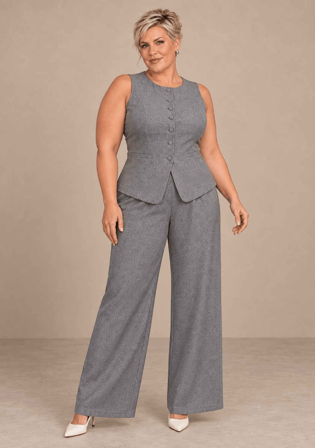 Conjunto Cashia Bellagio gris en modelo talla XXL de cuerpo entero