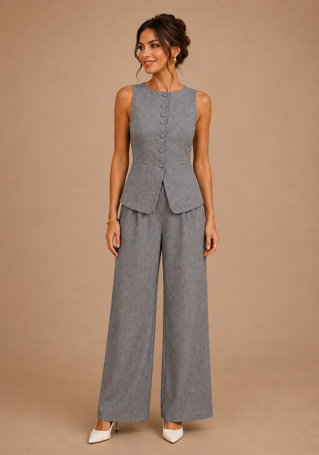 Conjunto Cashia Bellagio gris oscuro elegante con chaleco sin mangas y pantalón ancho, look frontal sobre fondo nude editorial