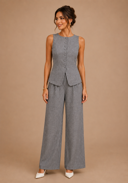 Conjunto Cashia Bellagio gris oscuro elegante con chaleco sin mangas y pantalón ancho, look frontal sobre fondo nude editorial
