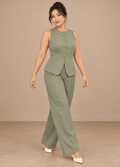 Conjunto Cashia Bellagio verde oliva en modelo talla L de cuerpo entero