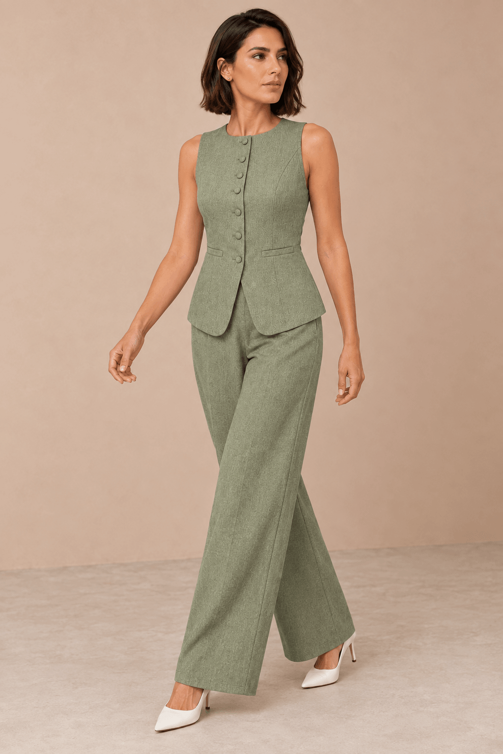 Conjunto Cashia Bellagio verde oliva en modelo talla M de cuerpo entero