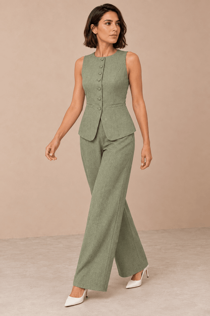 Conjunto Cashia Bellagio verde oliva en modelo talla M de cuerpo entero
