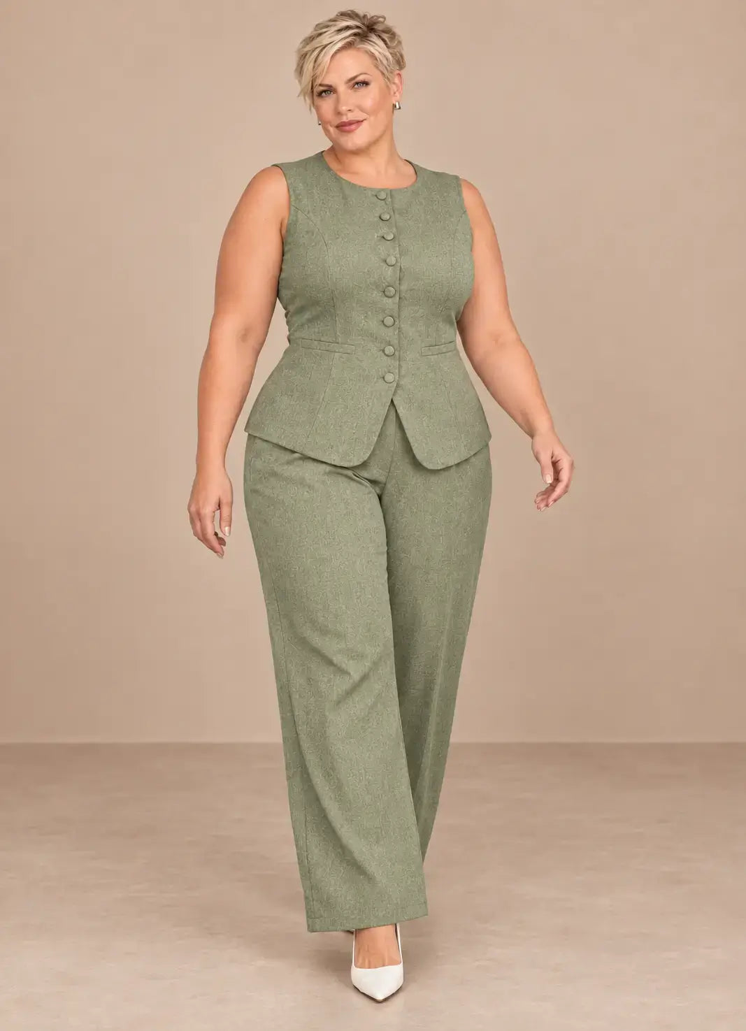Conjunto Cashia Bellagio verde oliva en modelo talla XXL de cuerpo entero