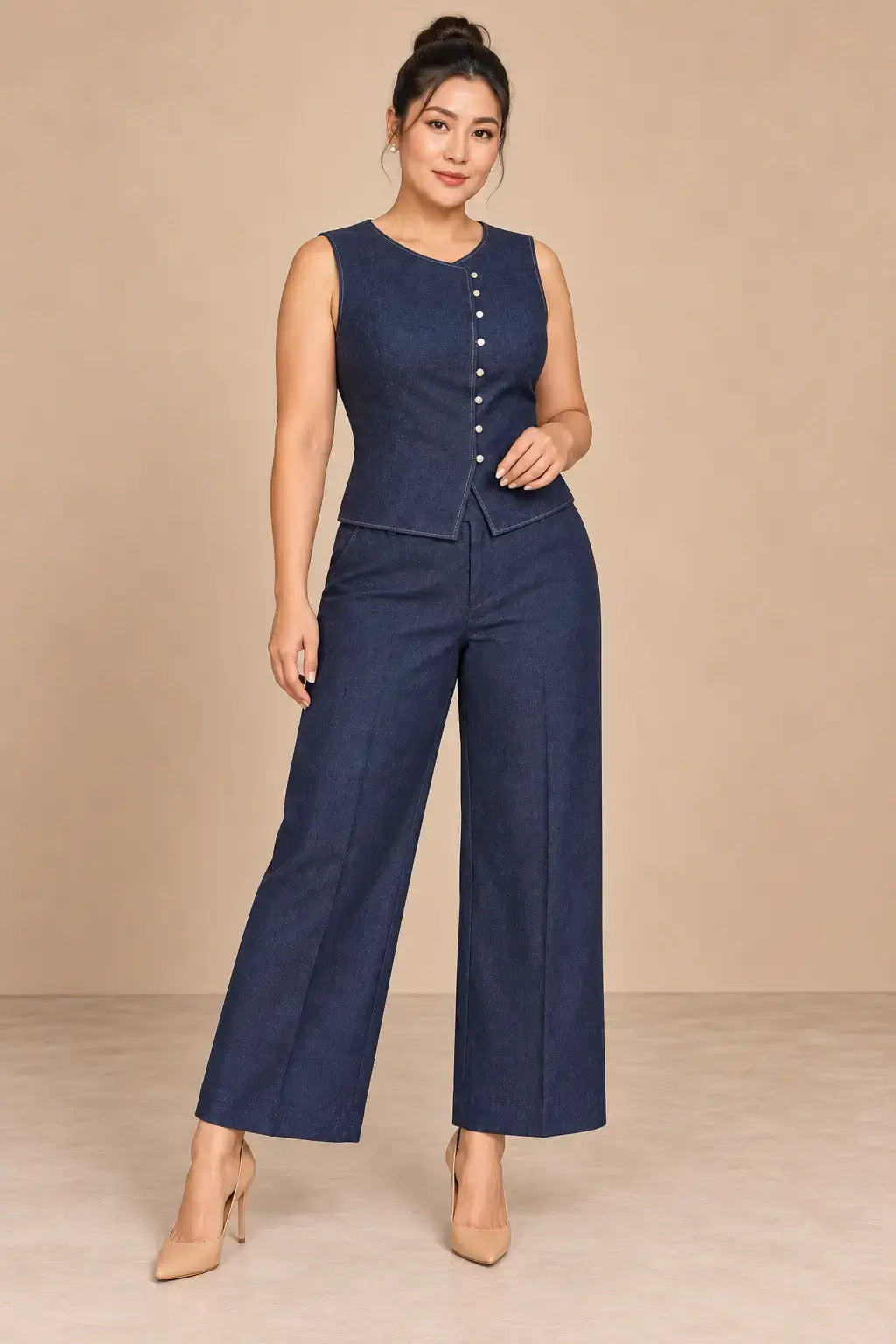 Conjunto Cashia Denim Vest azul oscuro en talla L, modelo asiática con pelo recogido en alto y pose dinámica.