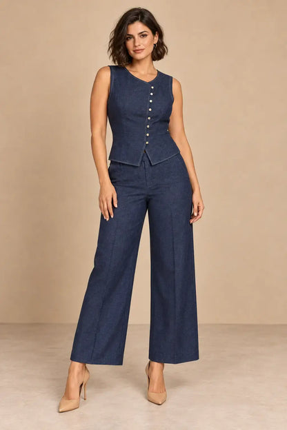 Conjunto Cashia Denim Vest azul oscuro en talla M, modelo mediterránea de cuerpo entero con pose elegante.