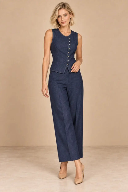 Conjunto Cashia Denim Vest azul oscuro en talla XS, modelo rubia de cuerpo entero con pose dinámica.