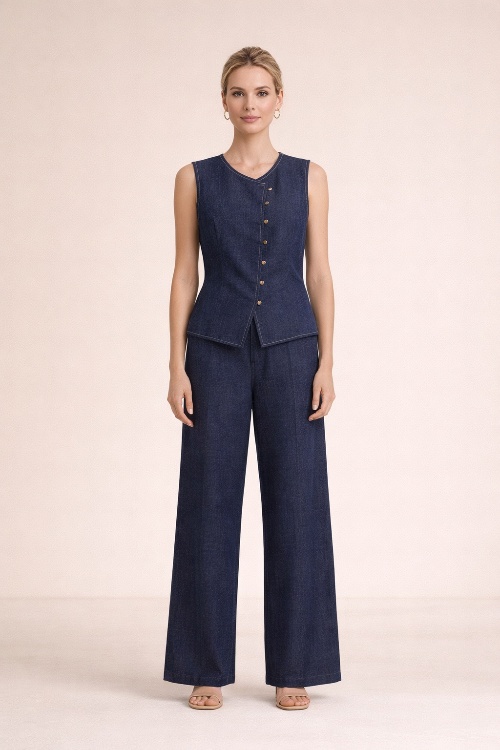 Conjunto denim azul de mujer elegante con top sin mangas y pantalón ancho frontal Cashia