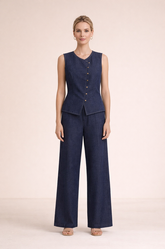 Conjunto denim azul de mujer elegante con top sin mangas y pantalón ancho frontal Cashia