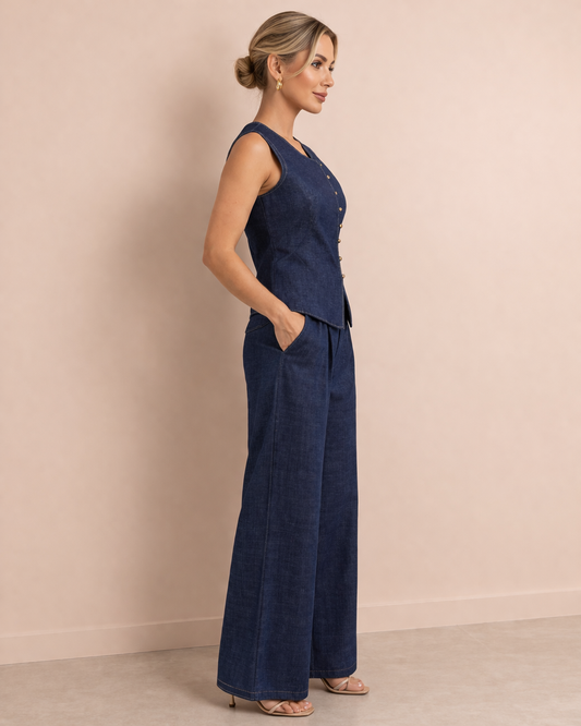 Conjunto denim azul de dos piezas mujer elegante perfil con pantalón ancho y top sin mangas Cashia