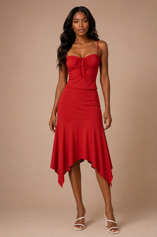 Modelo de raza negra con Conjunto Cashia Elba rojo, formado por top de tirantes y falda midi con bajo irregular, vista frontal de cuerpo entero.