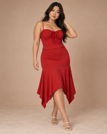 Conjunto Cashia Elba rojo talla L, top con escote corazón y lazada central, combinado con falda midi asimétrica.