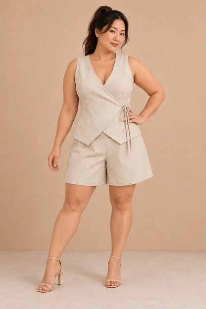 Conjunto Cashia Positano beige talla L, top cruzado con lazo lateral y short a juego, vista frontal de cuerpo entero.