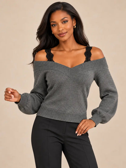 Jersey Cashia Arolla gris, talla S, en medio plano superior sobre modelo negra, con escote en V y encaje negro.