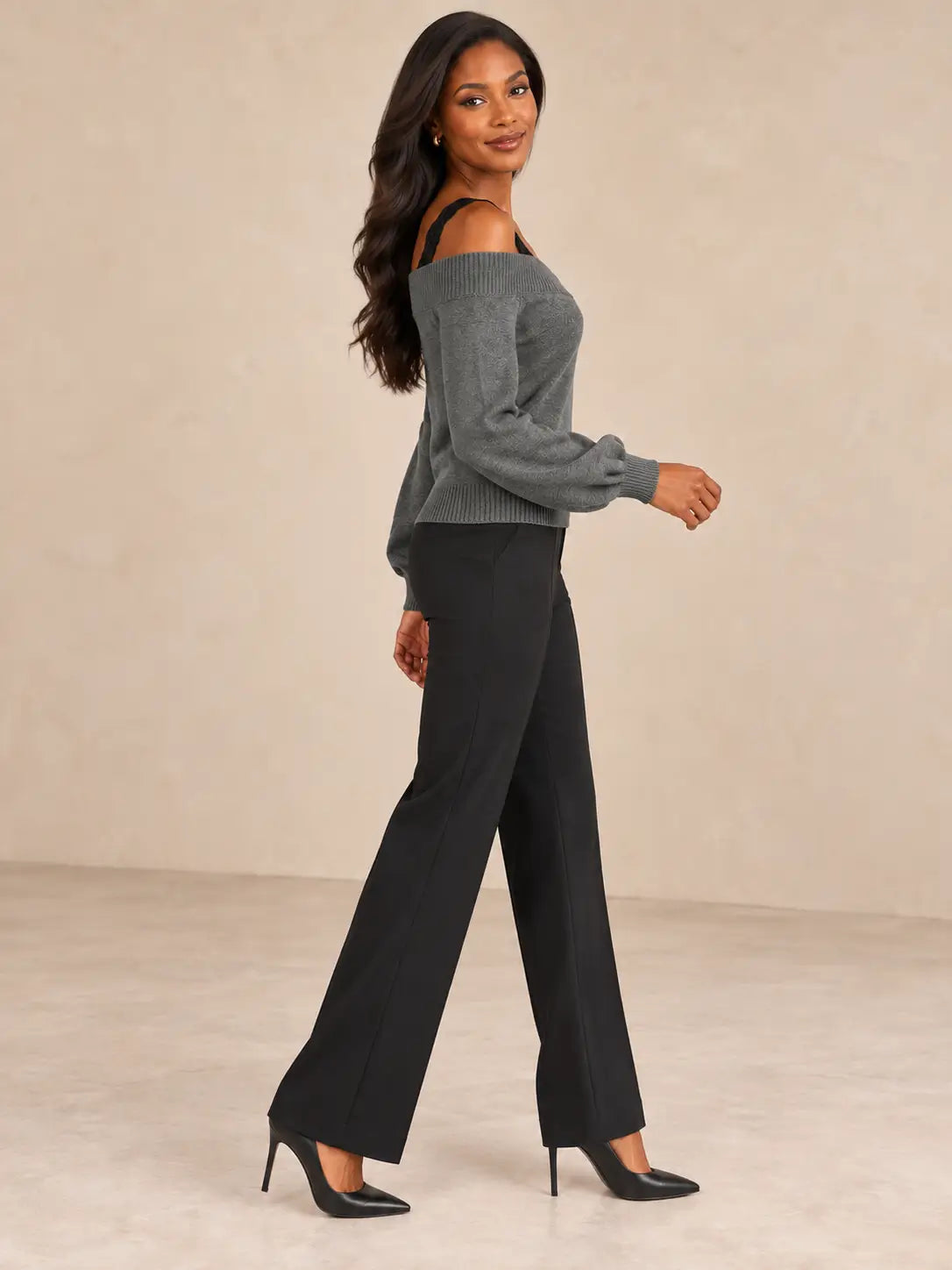 Jersey Cashia Arolla gris, talla S, vista de perfil con manga larga y puños de canalé.