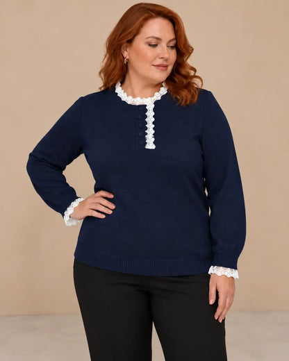 Jersey de mujer con encaje en cuello y puños, diseño elegante y cómodo de Cashia Sauco.