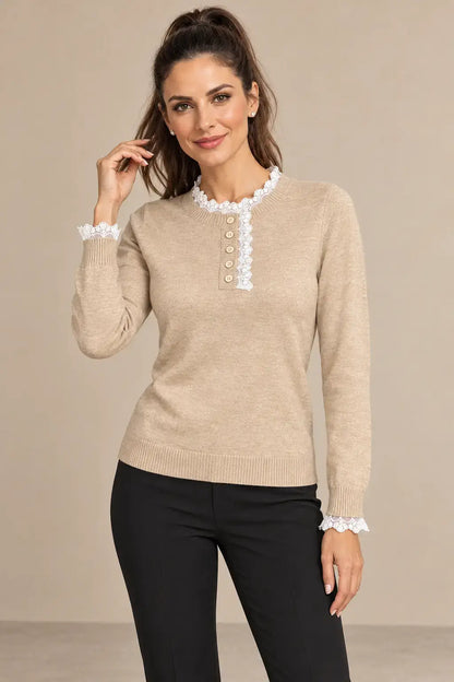 Jersey de mujer con encaje en cuello y puños Cashia Sauco, color beige, estilo elegante y cómodo.