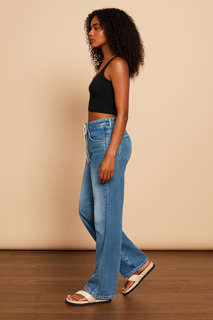 Pantalón Cashia Barcelona, vaquero, pierna recta, cordón en la cintura, vista de perfil