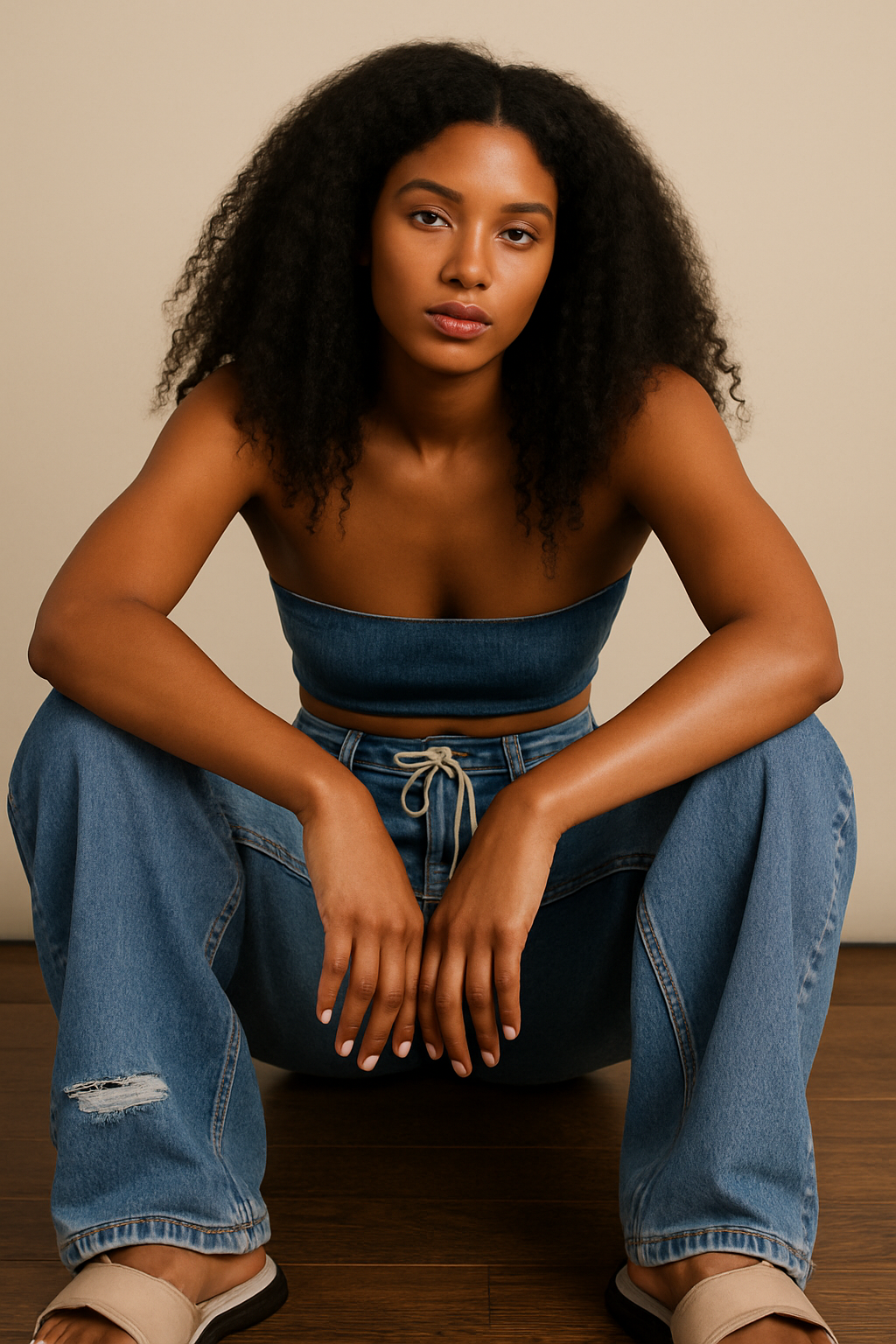 Pantalón Cashia Barcelona, vaquero, pierna recta, cordón en la cintura, vista de modelo sentada en el suelo